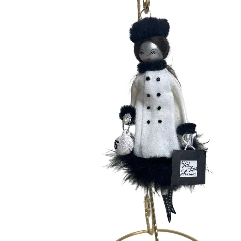 Saks Fifth Avenue Lady Ornament 2015 Black White Feather Dress Christmas w Box